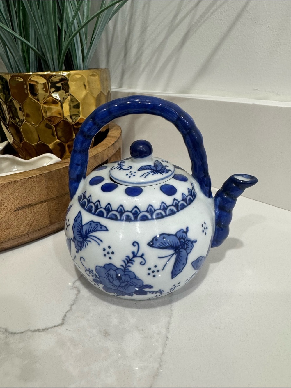 Blue and White Butterfly Ceramic Teapot by